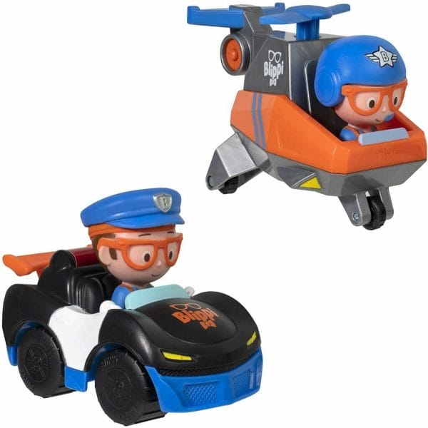blippi mini vehicles, including police car and helicopter