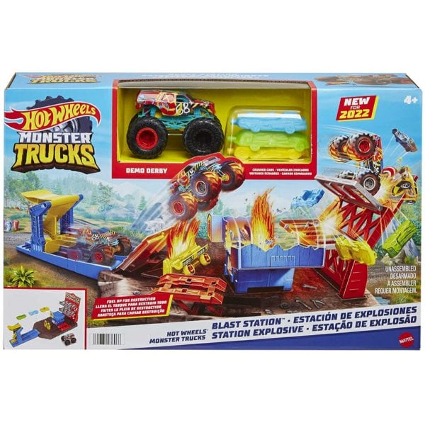 hot wheels monster trucks blast station playset with 1 164 scale hw demo derby & 3 crushable cars (6)
