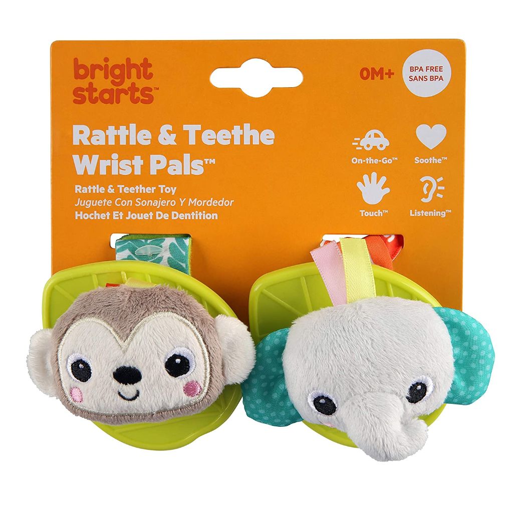 bright starts rattle & teethe wrist pals toy – monkey & elephant, newborn +4