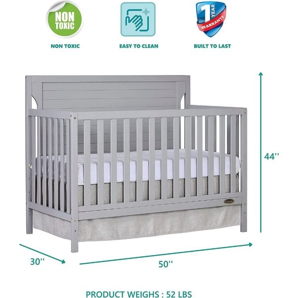dream on me cape cod 5 in 1 convertible crib in pebble grey, greenguard gold certified , 50x30x44 inch4