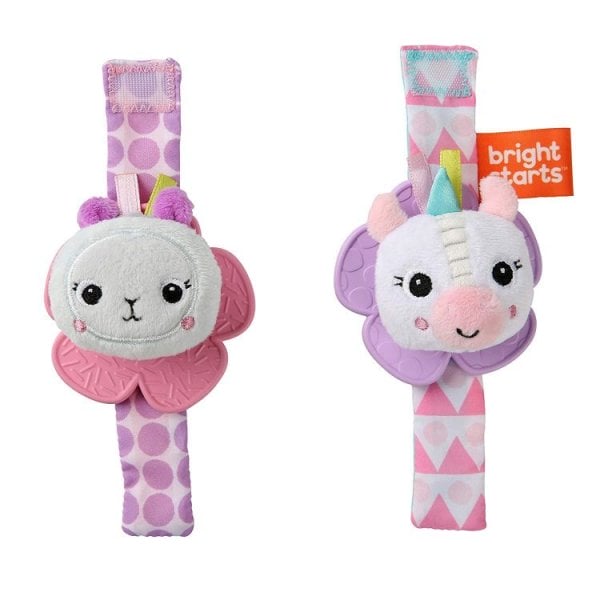 bright starts rattle & teethe wrist pals toy, unicorn & llama
