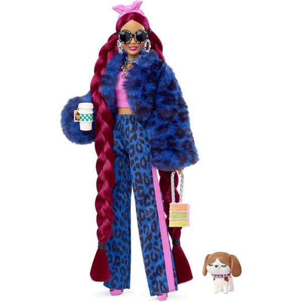 barbie extra doll and accessories with burgundy braids dressed in furry jacket with pet puppy (3)