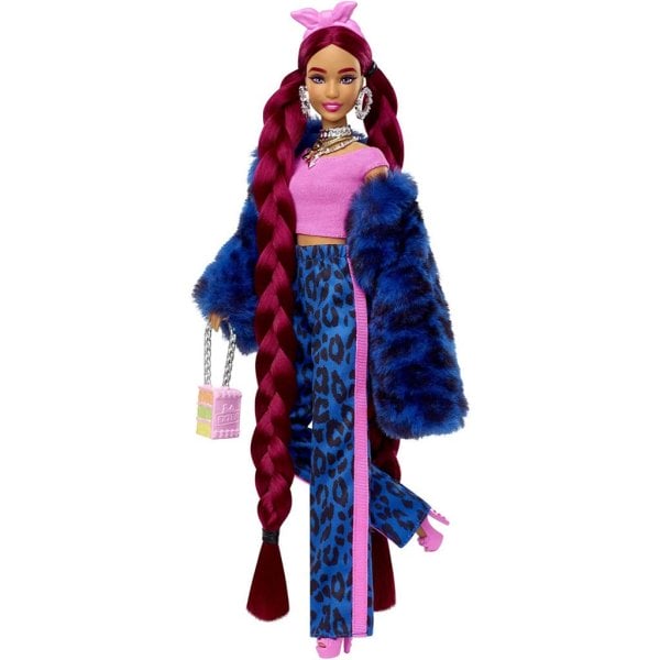 barbie extra doll and accessories with burgundy braids dressed in furry jacket with pet puppy (6)