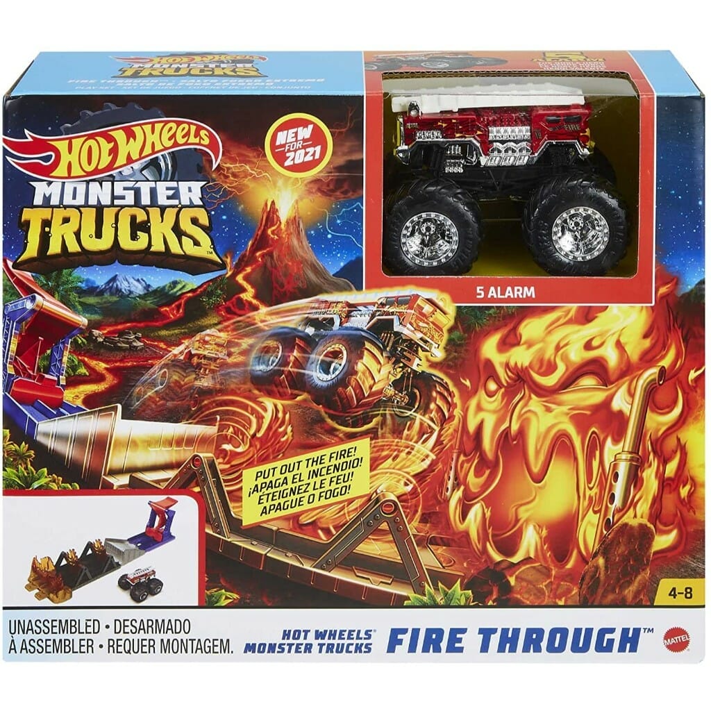 Hot Wheels Monster Trucks Fire Through Hero Playset with 1:64 