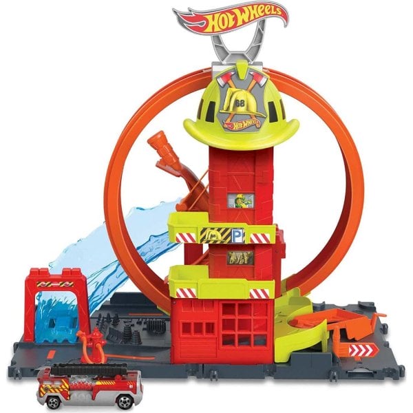 hot wheels toy car track set city super loop fire station