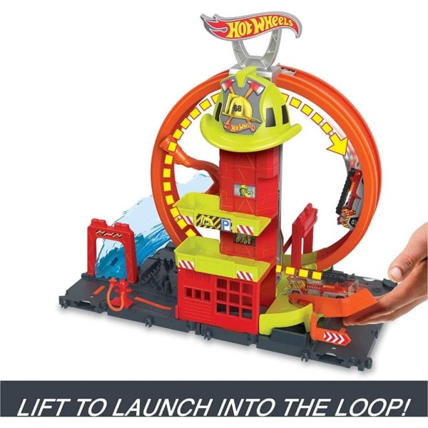 hot wheels toy car track set city super loop fire station2