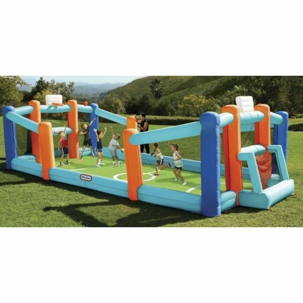 little tikes huge 24' l x 12' w x 7' h inflatable sports bouncer with backyard soccer & basketball court and blower
