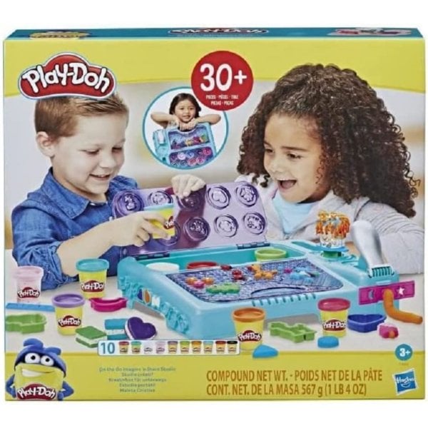 play doh set on the go imagine and store studio, with 30 tools and 10 cans of modeling compound