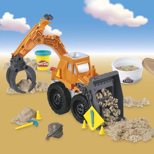 play doh wheels front loader toy truck for kids ages 3 and up with non toxic sand compound and classic compound in 2 colors2