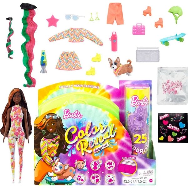 barbie color reveal totally neon fashions doll with orange streaked brunette hair & 25 surprises including color change