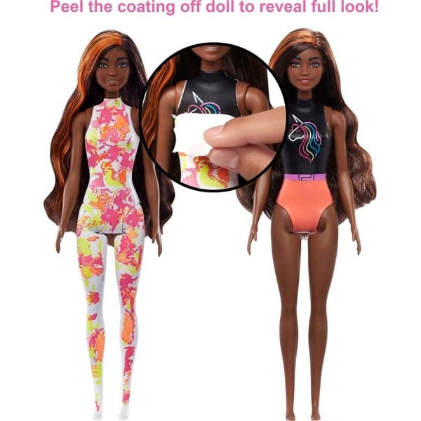 barbie color reveal totally neon fashions doll with orange streaked brunette hair & 25 surprises including color change1