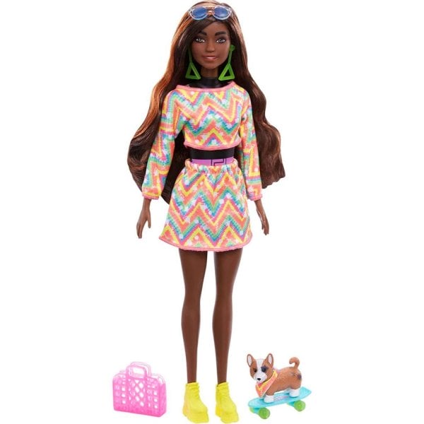 barbie color reveal totally neon fashions doll with orange streaked brunette hair & 25 surprises including color change4