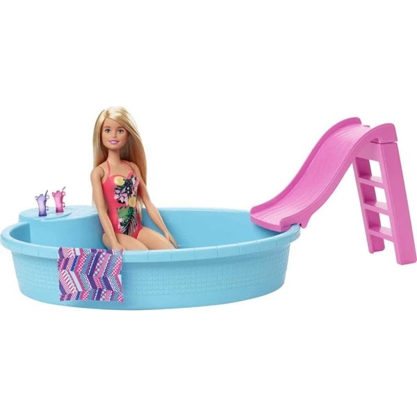 barbie doll and pool playset with pink slide
