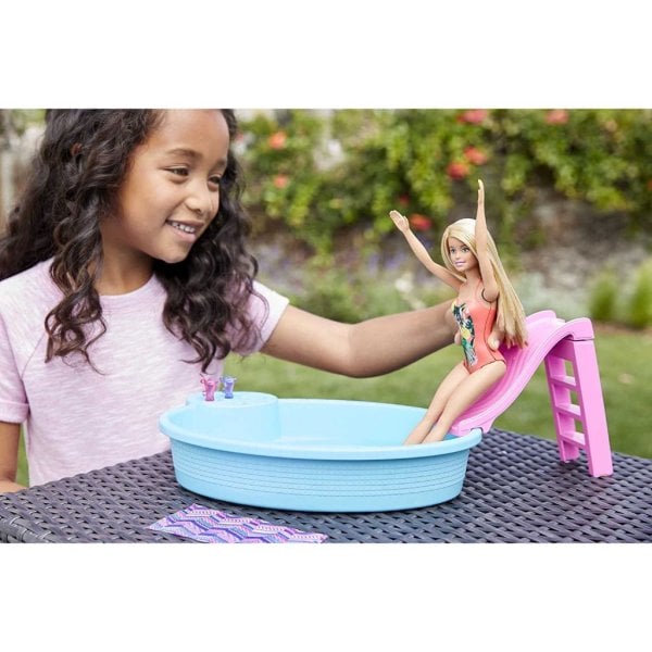 barbie doll and pool playset with pink slide1