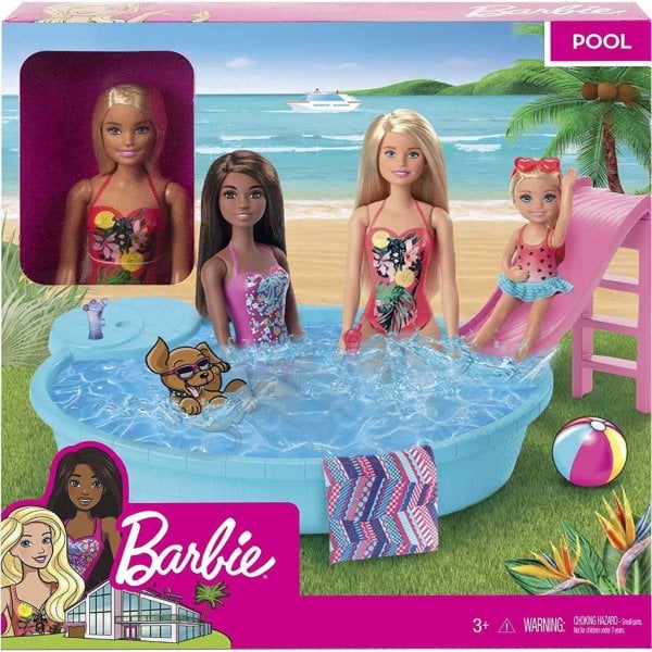 barbie doll and pool playset with pink slide2