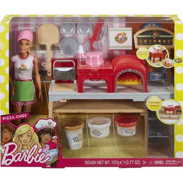 barbie pizza chef doll & playset, toy oven & counter with sliding conveyer belt, molds, 3 dough colors & accessories4