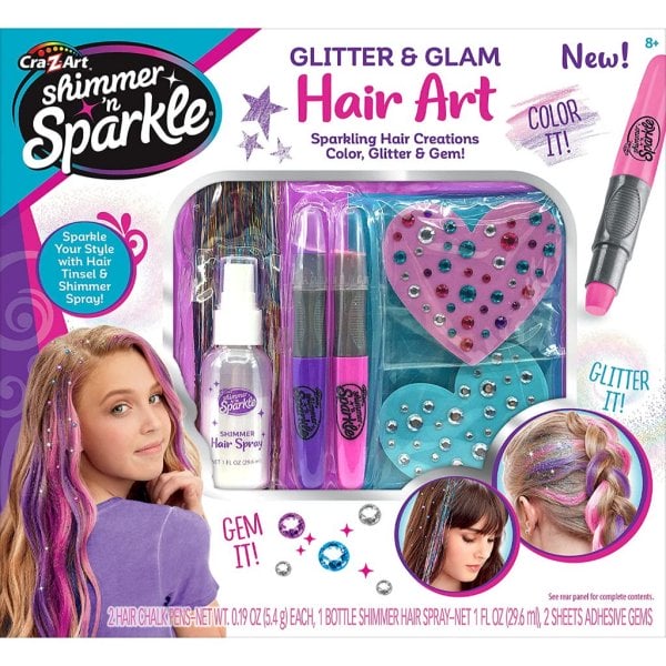 shimmer ‘n sparkle glitter and glam metallic hair art set with hair chalk pens and hair gems