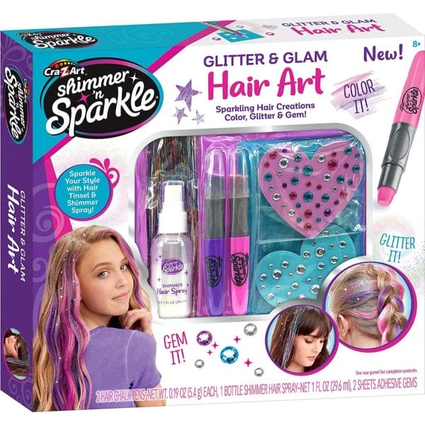 shimmer ‘n sparkle glitter and glam metallic hair art set with hair chalk pens and hair gems2