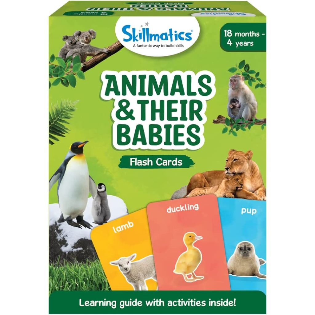 skillmatics thick flash cards for toddlers animals & their babies, 3 in 1 educational game