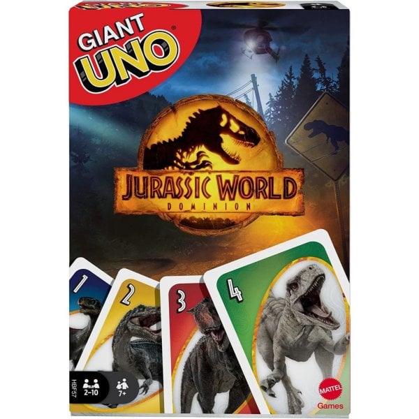giant uno jurassic world dominion card game with oversized movie themed cards, 2 to 10 players, gift and collectible for dinosaur fans 5