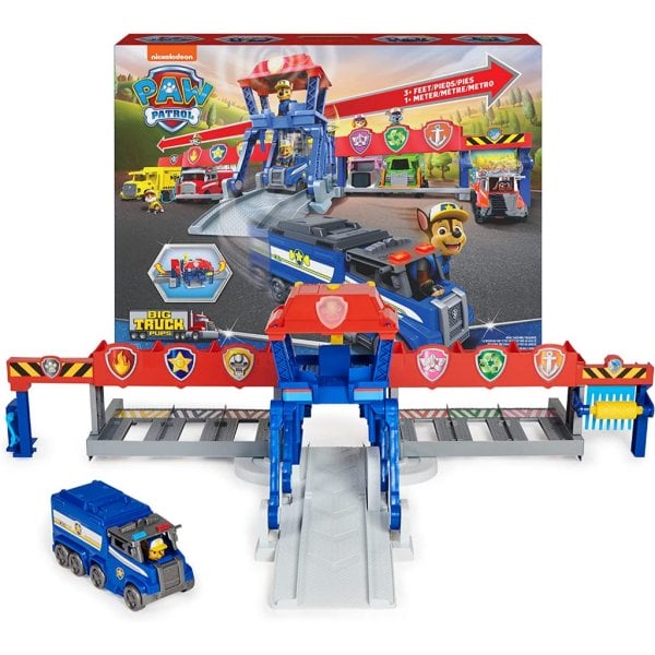 paw patrol big truck pups, truck stop hq, 3ft. wide transforming playset, action figures, toy cars, lights and sounds, kids toys for ages 3 and up